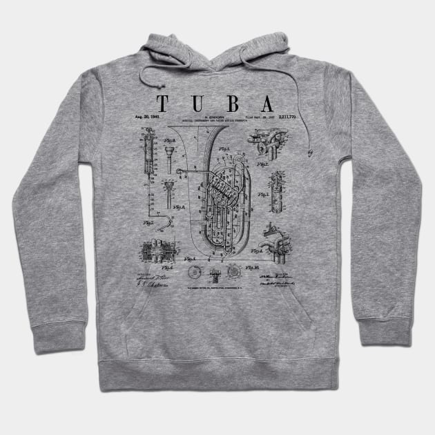 Tuba Vintage Patent Tubaist Tubist Drawing Print Hoodie by Grandeduc